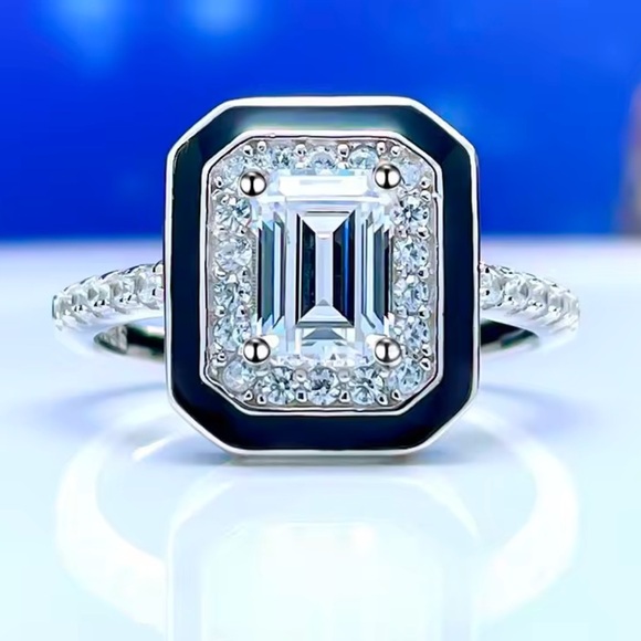 S925 Sterling Silver Black Enamel Square Cubic Zirconia Ring Statement Piece - Picture 5 of 12